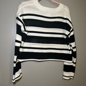 Striped Open-Knit Crewneck Sweater in Black and White